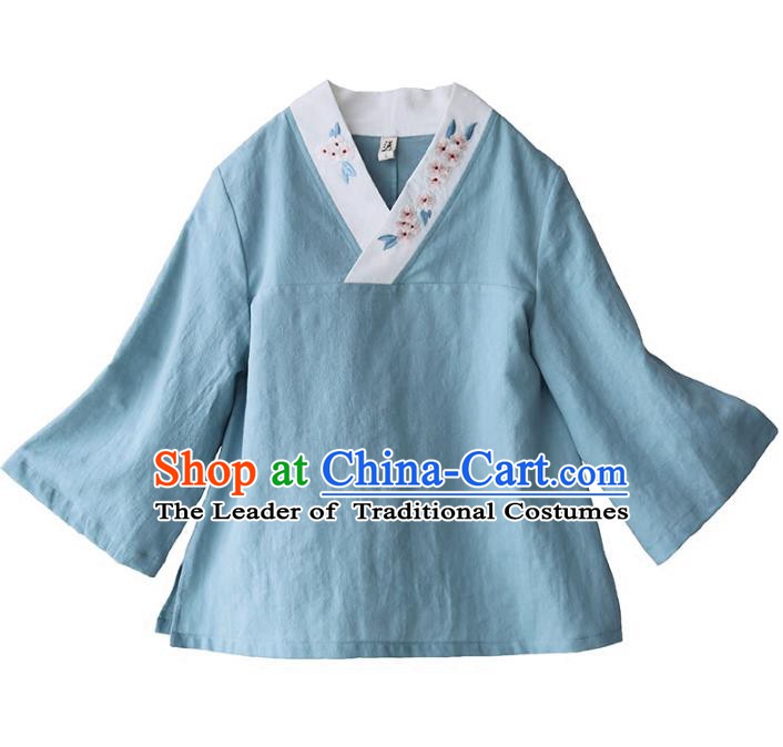Traditional Chinese National Costume Embroidered Blue Shirts Hanfu Cheongsam Blouse for Women