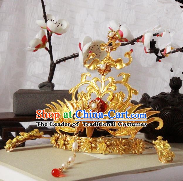 Chinese Handmade Classical Hair Accessories Wedding Hairpins Hanfu Golden Phoenix Coronet for Women