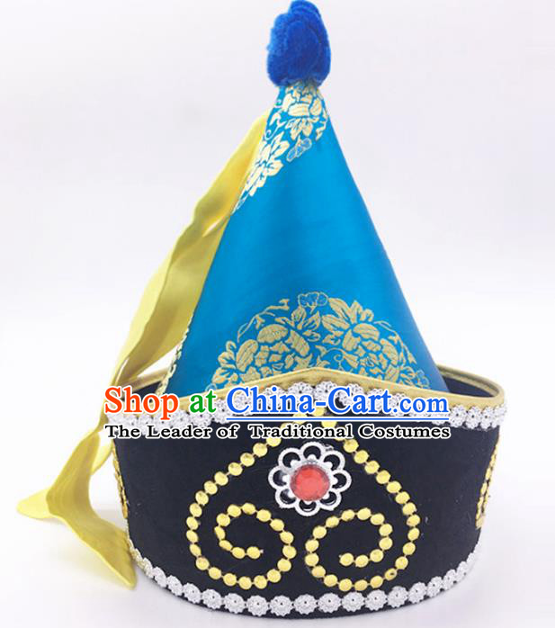 Traditional Chinese Mongol Nationality Prince Blue Hat, Mongolian Minority Dance Hats for Men