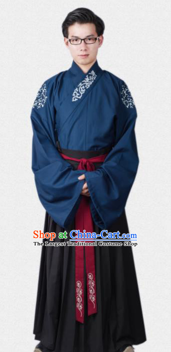 Chinese Ancient Traditional Ming Dynasty Scholar Blue Costumes Complete Set for Men