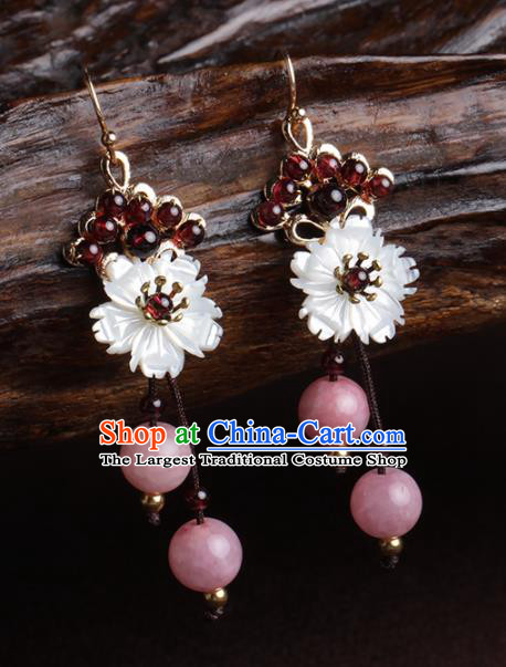 Chinese National Hanfu Classical Shell Flower Tassel Earrings Traditional Ear Jewelry Accessories for Women