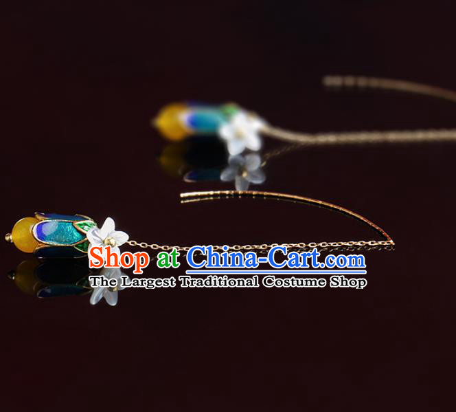 Chinese National Hanfu Classical Yellow Chalcedony Tassel Earrings Traditional Ear Jewelry Accessories for Women