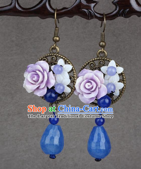 Chinese Yunnan National Classical Blue Chalcedony Earrings Traditional Ear Jewelry Accessories for Women