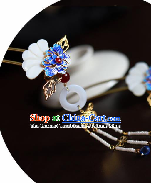 Handmade Chinese Traditional Blueing Lotus Shell Hairpins Ancient Classical Hanfu Hair Accessories for Women