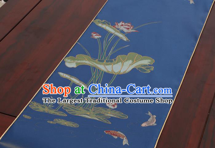 Chinese Traditional Lotus Pattern Blue Brocade Table Cloth Classical Satin Household Ornament Table Flag