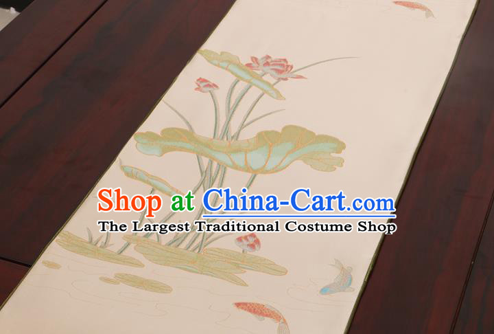 Chinese Traditional Lotus Pattern Beige Brocade Table Cloth Classical Satin Household Ornament Table Flag