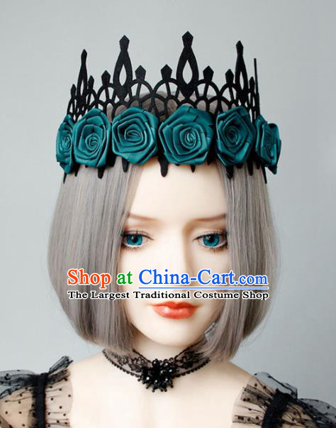 Top Grade Halloween Cosplay Gothic Green Roses Royal Crown Fancy Ball Handmade Hair Accessories for Women