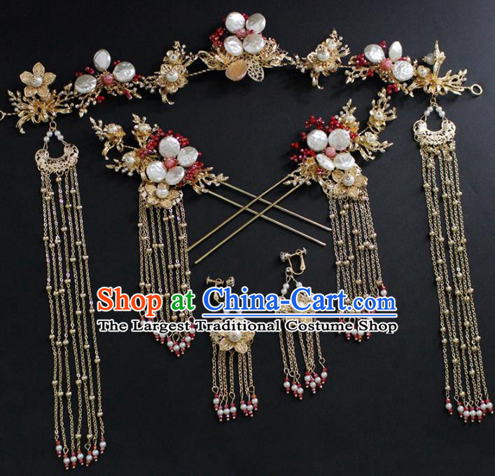 Traditional Chinese Wedding Handmade Shell Hair Clasp Ancient Bride Hairpins Hair Accessories Complete Set