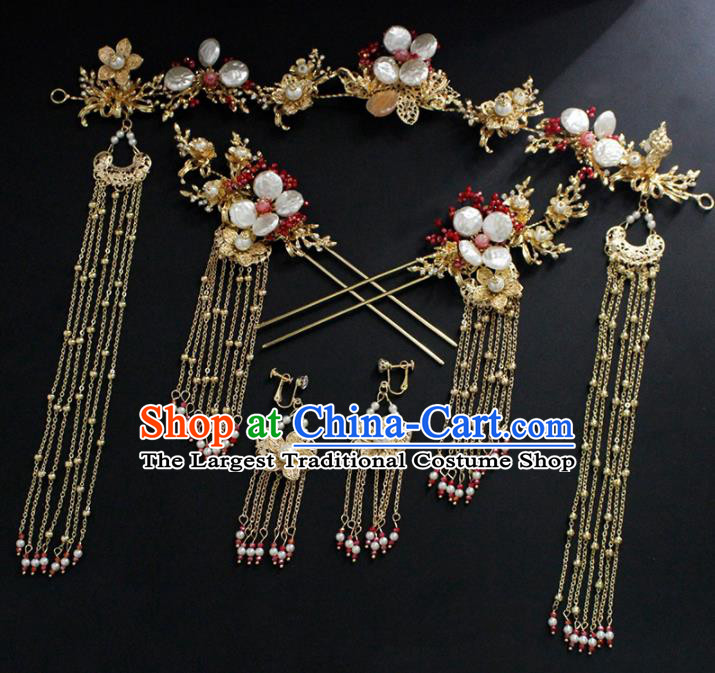 Traditional Chinese Wedding Handmade Shell Hair Clasp Ancient Bride Hairpins Hair Accessories Complete Set