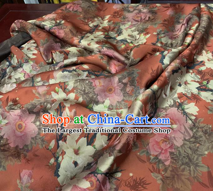 Chinese Classical Flowers Pattern Rust Red Silk Fabric Traditional Ancient Hanfu Dress Brocade Cloth
