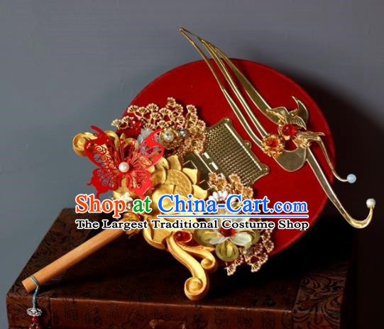 Chinese Handmade Classical Red Palace Fans Wedding Bride Accessories Round Fan for Women