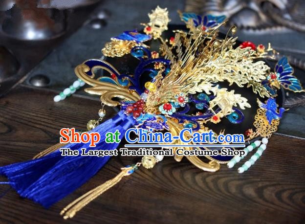 Chinese Handmade Classical Blueing Butterfly Palace Fans Wedding Bride Accessories Round Fan for Women