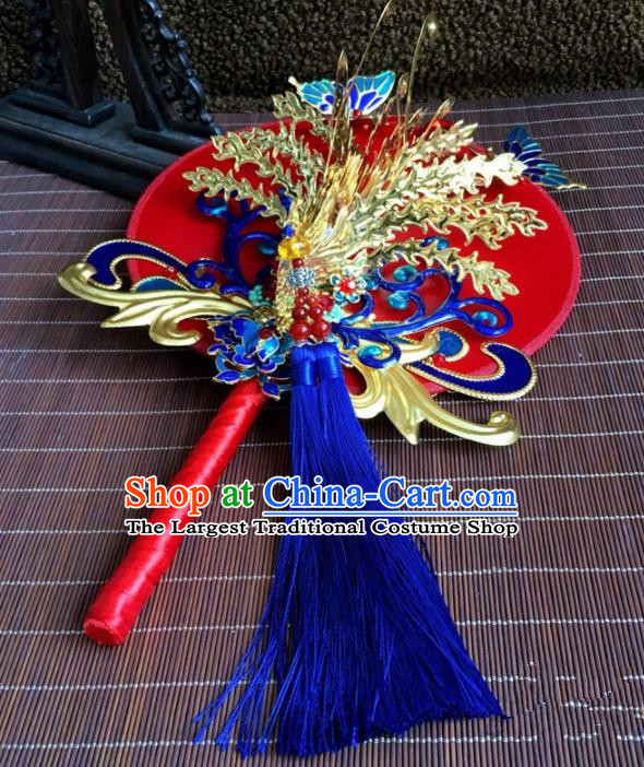 Chinese Handmade Bride Classical Cloisonne Red Palace Fans Wedding Accessories Round Fan for Women