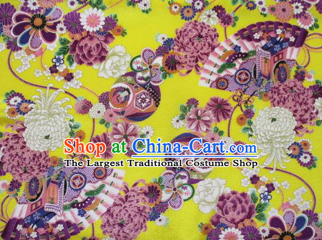 Asian Traditional Classical Chrysanthemum Fan Pattern Yellow Tapestry Satin Brocade Fabric Japanese Kimono Silk Material