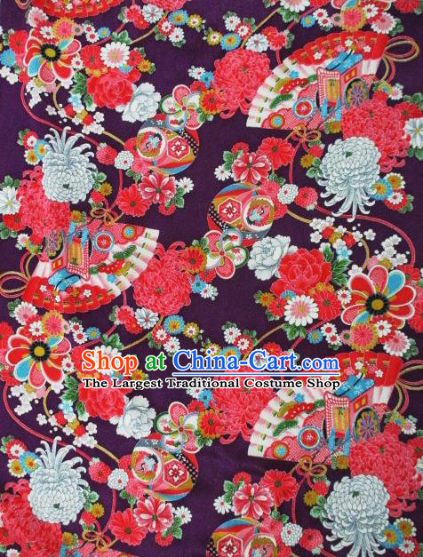 Asian Traditional Classical Chrysanthemum Fan Pattern Purple Tapestry Satin Brocade Fabric Japanese Kimono Silk Material