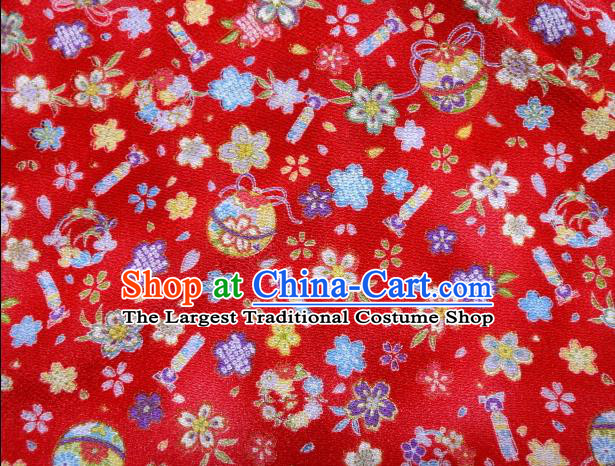 Asian Traditional Kimono Classical Sakura Bells Pattern Red Brocade Tapestry Satin Fabric Japanese Silk Material