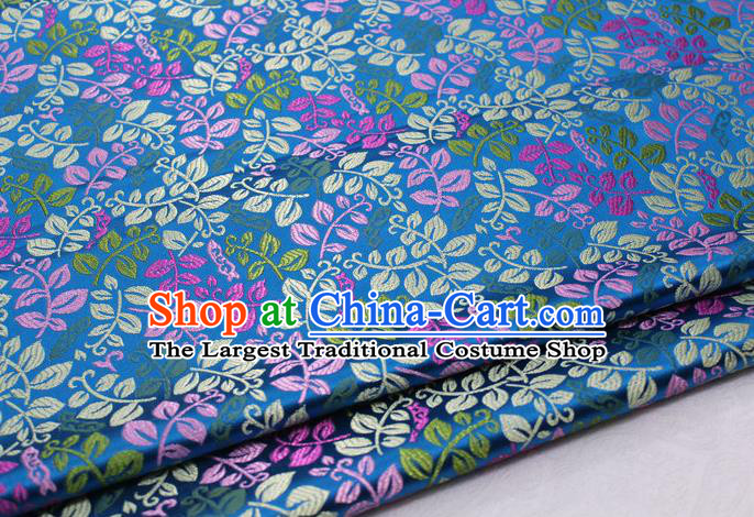 Asian Chinese Traditional Classical Leaf Pattern Blue Brocade Tang Suit Satin Fabric Material Classical Silk Fabric