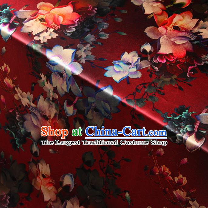 Chinese Traditional Classical Lotus Flowers Pattern Red Brocade Damask Asian Satin Drapery Silk Fabric