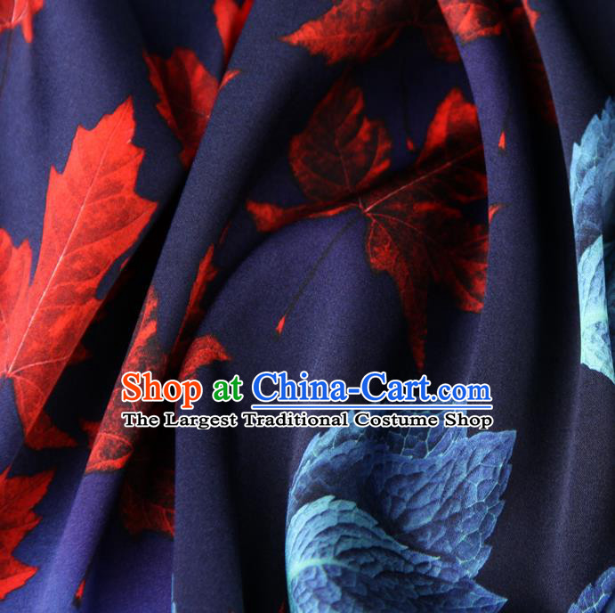 Chinese Traditional Classical Maple Leaf Pattern Deep Blue Brocade Damask Asian Satin Drapery Silk Fabric