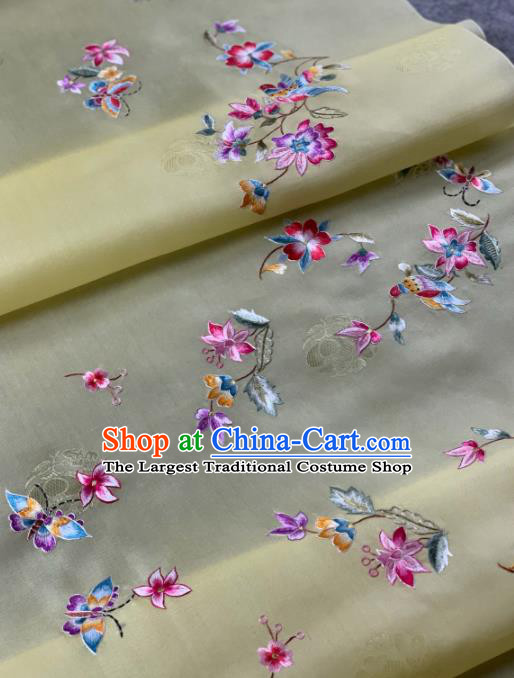 Traditional Chinese Satin Classical Embroidered Flower Bird Pattern Design Yellow Brocade Fabric Asian Silk Fabric Material