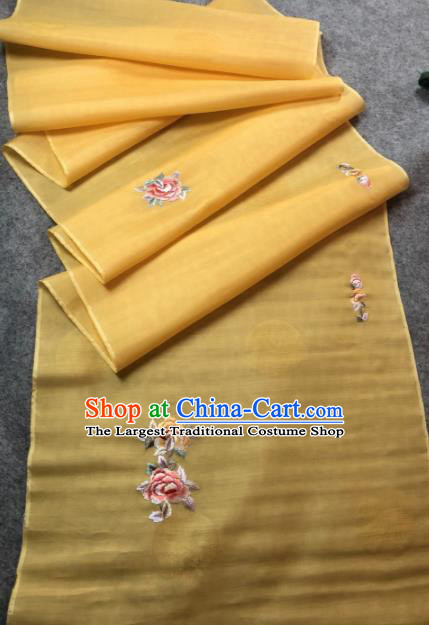 Traditional Chinese Satin Classical Embroidered Peony Pattern Design Yellow Brocade Fabric Asian Silk Fabric Material