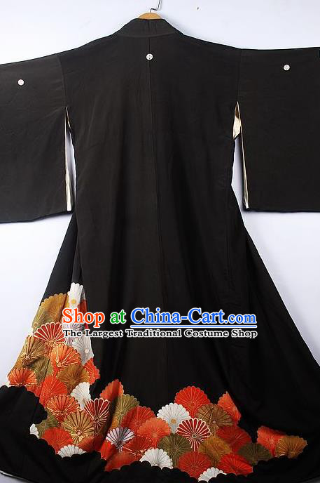 Asian Japanese Classical Chrysanthemum Pattern Black Yukata Robe Traditional Japan Kimono Costume for Men