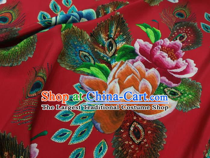 Asian Chinese Classical Lotus Pattern Red Brocade Satin Drapery Traditional Cheongsam Brocade Silk Fabric