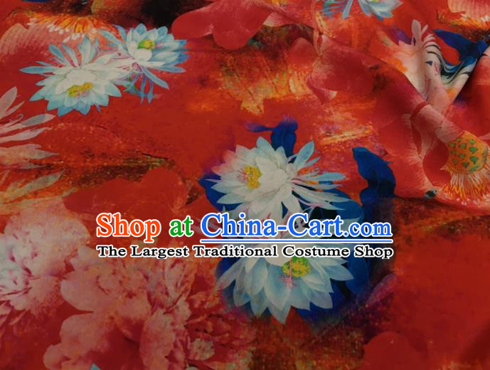 Asian Chinese Classical Lotus Pattern Red Brocade Satin Drapery Traditional Cheongsam Brocade Silk Fabric