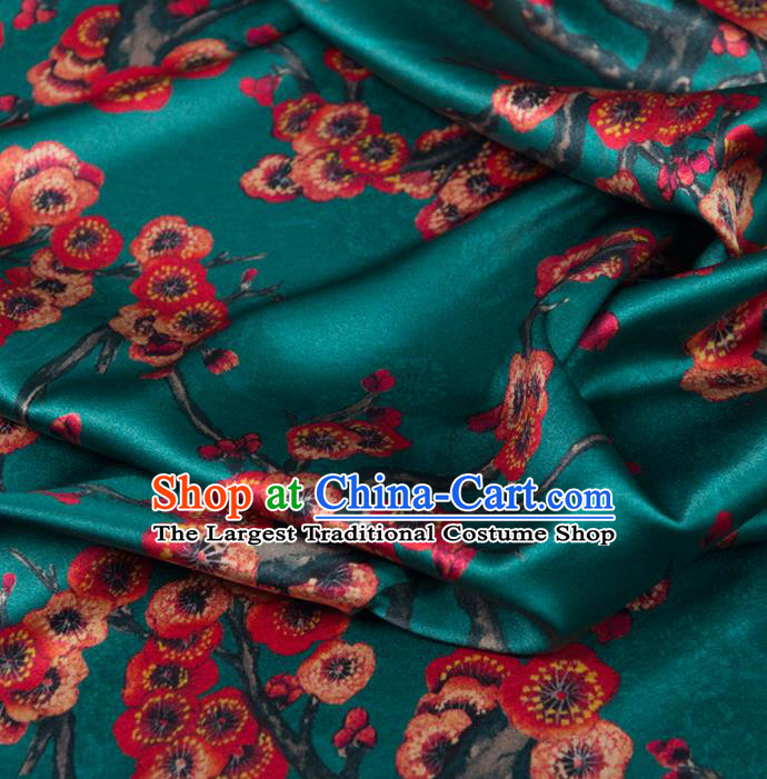 Asian Chinese Classical Plum Pattern Deep Green Brocade Satin Drapery Traditional Cheongsam Brocade Silk Fabric