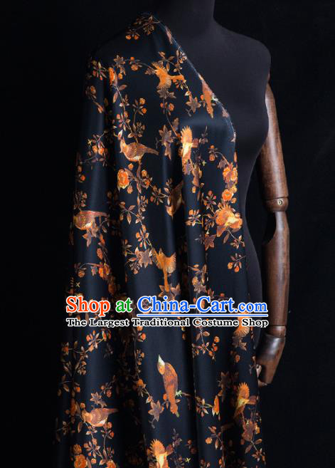 Asian Chinese Classical Birds Pattern Navy Brocade Satin Drapery Traditional Cheongsam Brocade Silk Fabric