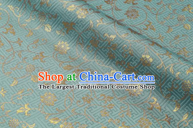 Japanese Traditional Kimono Classical Scroll Pattern Blue Brocade Damask Asian Japan Satin Drapery Silk Fabric