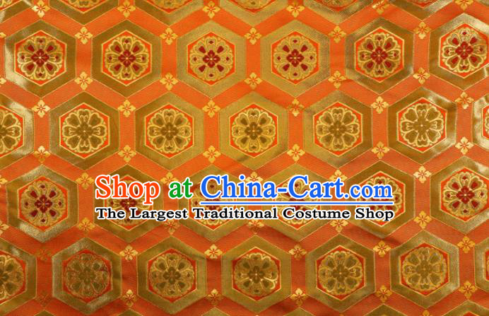Japanese Traditional Kimono Classical Tortoise Shell Pattern Orange Brocade Damask Asian Japan Satin Drapery Silk Fabric