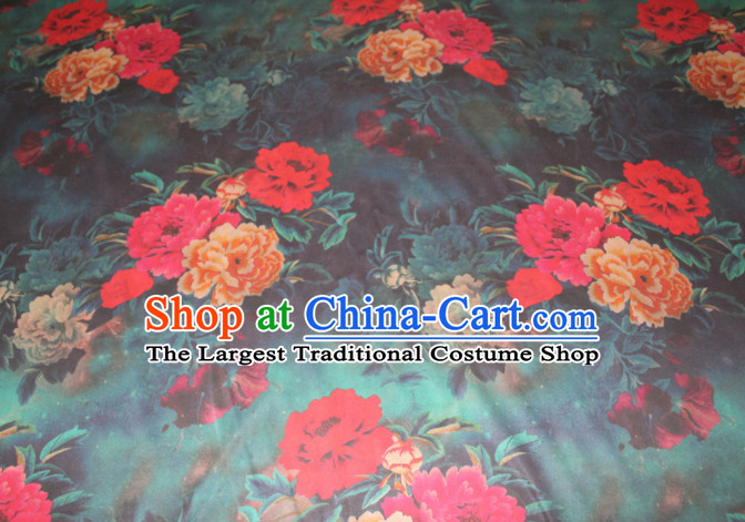 Asian Chinese Cheongsam Classical Peony Pattern Dark Green Gambiered Guangdong Gauze Satin Drapery Brocade Traditional Brocade Silk Fabric
