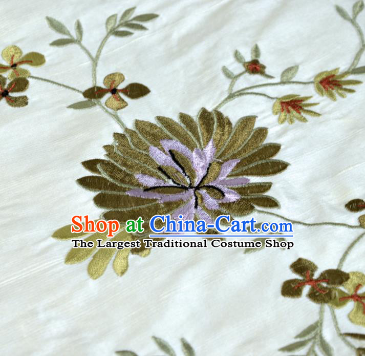 Chinese Traditional Embroidered Chrysanthemum Pattern Design White Silk Fabric Brocade Asian Satin Material