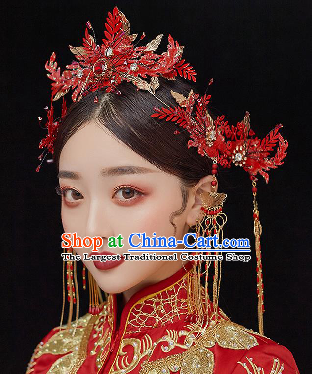 Top Chinese Traditional Red Phoenix Coronet Wedding Bride Handmade Hairpins Hair Accessories Complete Set