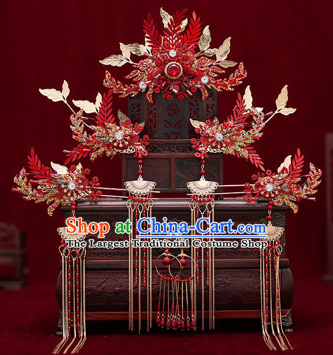 Top Chinese Traditional Red Phoenix Coronet Wedding Bride Handmade Hairpins Hair Accessories Complete Set