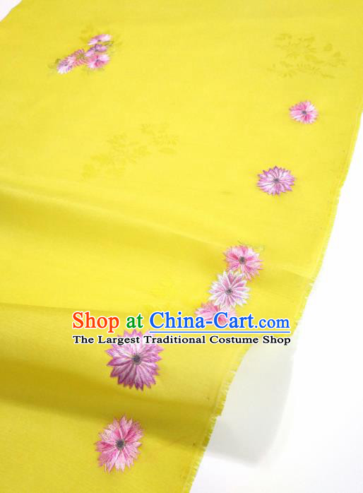 Chinese Traditional Embroidered Chrysanthemum Pattern Design Yellow Silk Fabric Asian China Hanfu Silk Material