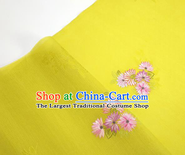 Chinese Traditional Embroidered Chrysanthemum Pattern Design Yellow Silk Fabric Asian China Hanfu Silk Material