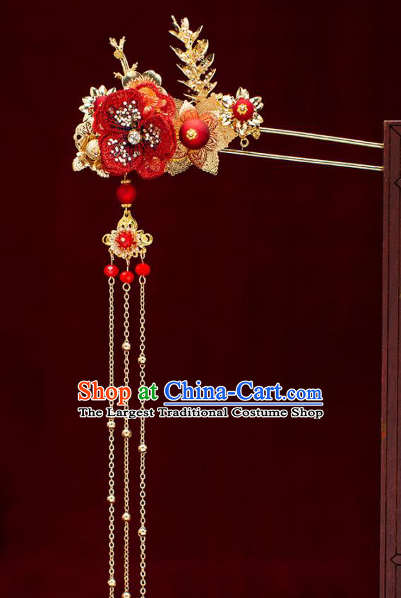 Top Chinese Traditional Wedding Red Flower Hair Combs Bride Handmade Hairpins Hair Accessories Complete Set