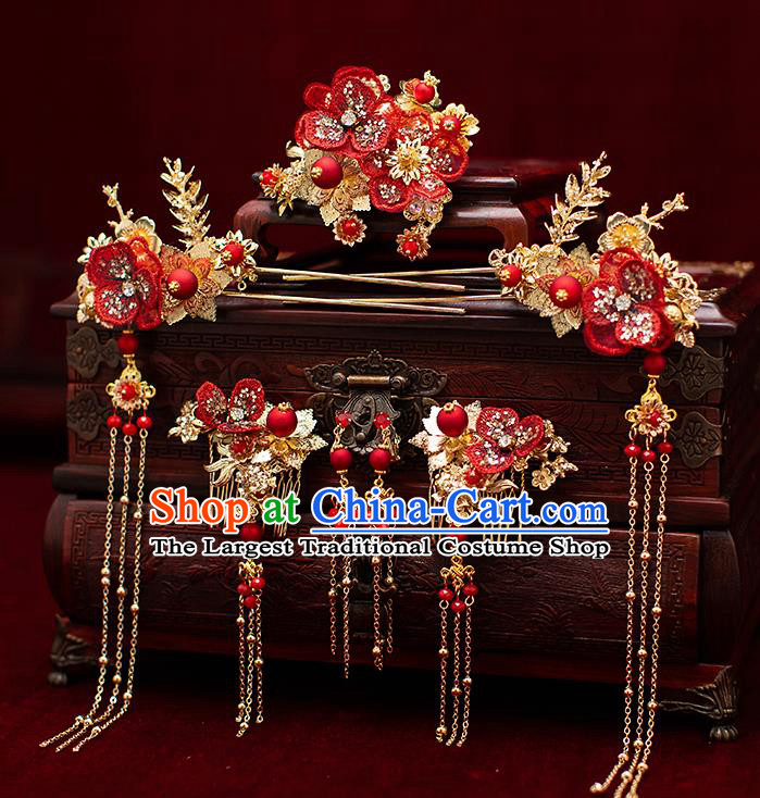 Top Chinese Traditional Wedding Red Flower Hair Combs Bride Handmade Hairpins Hair Accessories Complete Set