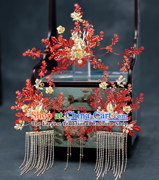 Top Chinese Traditional Wedding Hair Comb Bride Handmade Red Leaf Hairpins Hair Accessories Complete Set