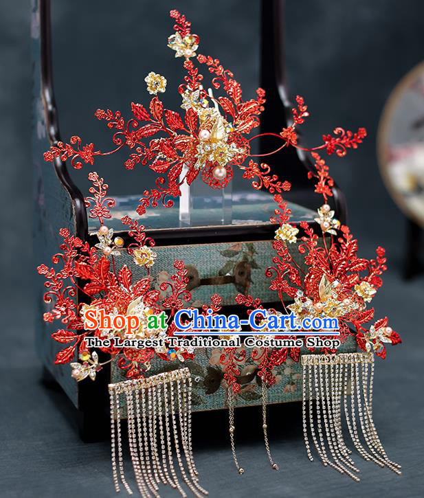 Top Chinese Traditional Wedding Hair Comb Bride Handmade Red Leaf Hairpins Hair Accessories Complete Set
