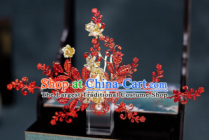 Top Chinese Traditional Wedding Hair Comb Bride Handmade Red Leaf Hairpins Hair Accessories Complete Set