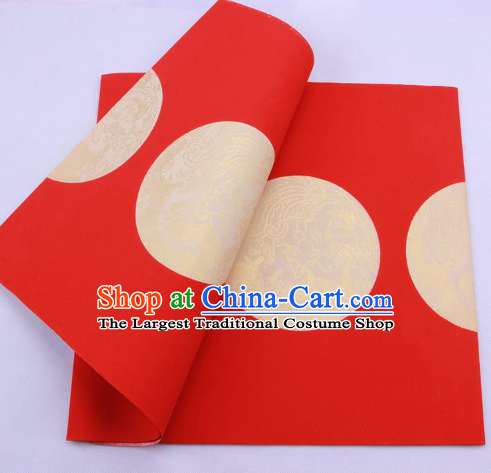 Traditional Chinese Classical Dragon Phoenix Pattern Red Scroll Paper Handmade Calligraphy Seven Characters Couplet Xuan Paper Craft