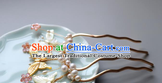 Chinese Classical Pearls Hair Comb Hanfu Hair Accessories Handmade Ancient Princess Shell Butterfly Hairpins for Women