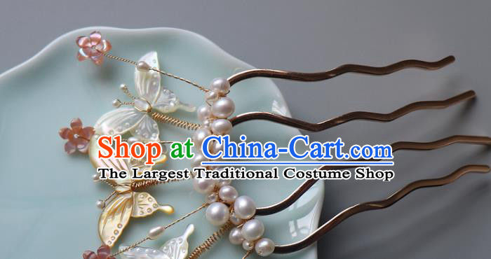 Chinese Classical Pearls Hair Comb Hanfu Hair Accessories Handmade Ancient Princess Shell Butterfly Hairpins for Women