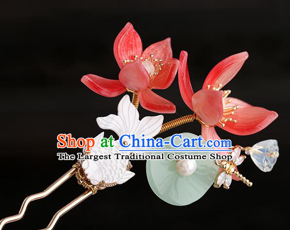 Chinese Classical Palace Red Lotus Hair Sticks Handmade Hanfu Hair Accessories Ancient Song Dynasty Princess Shell Fish Hairpins