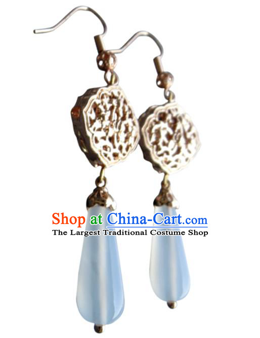 Chinese Handmade White Chalcedony Earrings Classical Ear Accessories Hanfu Ming Dynasty Princess Golden Eardrop
