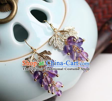 Chinese Handmade Grape Earrings Classical Ear Accessories Hanfu Ming Dynasty Princess Amethyst Beads Eardrop
