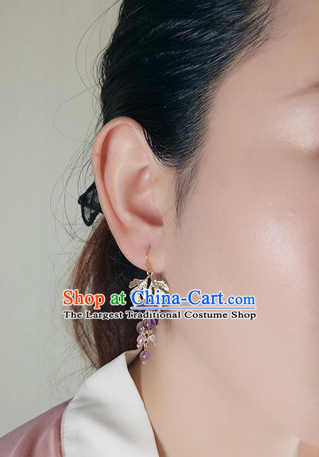 Chinese Handmade Grape Earrings Classical Ear Accessories Hanfu Ming Dynasty Princess Amethyst Beads Eardrop